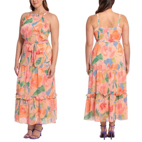 Maggy London Saoirse Dress Floral Halter Ruffle Tiered Maxi Sky Blue Peach 16 - Picture 1 of 10